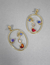 Load image into Gallery viewer, Picasso Face Evil Eye Color Stone Drop Dangle Post Earrings