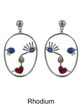 Load image into Gallery viewer, Picasso Face Evil Eye Color Stone Drop Dangle Post Earrings
