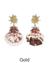 Load image into Gallery viewer, Hawaiian Sunrise shell and Metallic Conch shell Dangle Drop Post Earrings