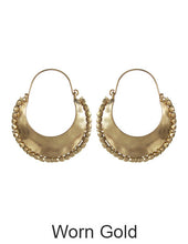 Load image into Gallery viewer, Crescent Half Circle Hammered Metal bead Drop Hoop Earrings