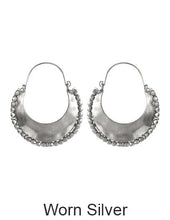 Load image into Gallery viewer, Crescent Half Circle Hammered Metal bead Drop Hoop Earrings
