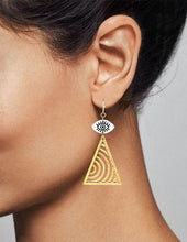 Load image into Gallery viewer, Evil Eye Earrings, Swirl pattern earrings, Triangle shape earring, Acetate Laser cut earring, Drop Dangle Hook earrings