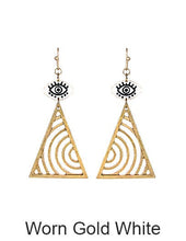 Load image into Gallery viewer, Evil Eye Earrings, Swirl pattern earrings, Triangle shape earring, Acetate Laser cut earring, Drop Dangle Hook earrings