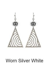 Load image into Gallery viewer, Evil Eye Earrings, Swirl pattern earrings, Triangle shape earring, Acetate Laser cut earring, Drop Dangle Hook earrings