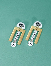 Load image into Gallery viewer, Evil Eye earrings, Hammered earrings, Acetate Laser cut earring, Geometric earrings, Drop Dangle Post earrings