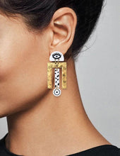 Load image into Gallery viewer, Evil Eye earrings, Hammered earrings, Acetate Laser cut earring, Geometric earrings, Drop Dangle Post earrings