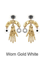 Load image into Gallery viewer, Evil Eye earrings, Hammered Hand earrings, Acetate Laser cut earring, Drop Dangle Post earrings