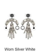 Load image into Gallery viewer, Evil Eye earrings, Hammered Hand earrings, Acetate Laser cut earring, Drop Dangle Post earrings