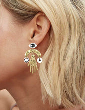 Load image into Gallery viewer, Evil Eye earrings, Hammered Hand earrings, Acetate Laser cut earring, Drop Dangle Post earrings