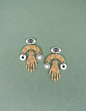 Load image into Gallery viewer, Evil Eye earrings, Hammered Hand earrings, Acetate Laser cut earring, Drop Dangle Post earrings