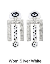 Load image into Gallery viewer, Evil Eye earrings, Hammered earrings, Acetate Laser cut earring, Geometric earrings, Drop Dangle Post earrings