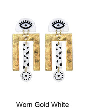 Load image into Gallery viewer, Evil Eye earrings, Hammered earrings, Acetate Laser cut earring, Geometric earrings, Drop Dangle Post earrings