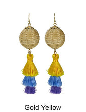 Load image into Gallery viewer, Rattan Earring, Bamboo Ball with Tassel Earring, Hand Woven Earring, Natural Woven earring, Straw earring Hook Earrings