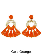 Load image into Gallery viewer, Rattan Earring Hand Woven Earring, Natural Woven earring, Straw earring, Geometric earrings, Tassel earring, Post Earrings
