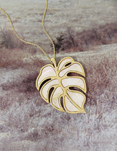 Load image into Gallery viewer, Tropical Monstera Mother of Pearl Abalone Long Chain Necklace 30 inch plus 3 inch