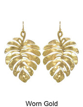 Load image into Gallery viewer, Hammered Monstera Dangle Drop Hook Earrings
