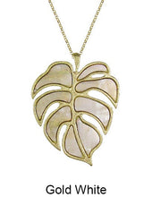 Load image into Gallery viewer, Tropical Monstera Mother of Pearl Abalone Long Chain Necklace 30 inch plus 3 inch