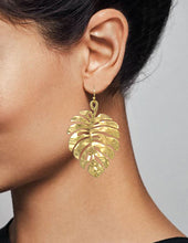 Load image into Gallery viewer, Hammered Monstera Dangle Drop Hook Earrings