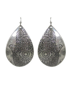 Hamsa Designed Engraved Teardrop Shape Drop Dangle Earrings