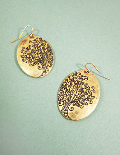 Tree of Life Design Engraved Oval Shape Drop Dangle Earrings