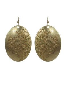 Tree of Life Design Engraved Oval Shape Drop Dangle Earrings