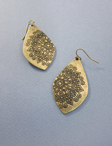 Mandala Design Engraved Teardrop Shape Drop Dangle Earrings