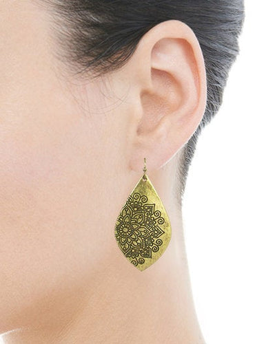 Mandala Design Engraved Teardrop Shape Drop Dangle Earrings