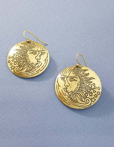 Sun&Moon Design Engraved Round Shape Drop Dangle Earrings