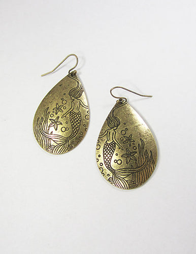 Mermaid Design Engraved Teardrop Shape Drop Dangle Earrings