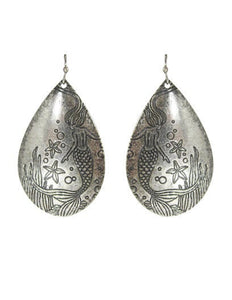 Mermaid Design Engraved Teardrop Shape Drop Dangle Earrings