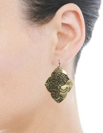 Elephant Design Engraved Diamond Shape Drop Dangle Earrings