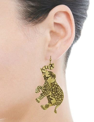 Happy Elephant Design Mandala Engraved Elephant Shape Drop Dangle Post Earrings