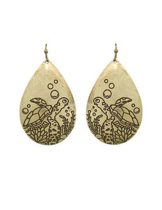 Under Sea and Turtle Designed Engraved Teardrop Shape Drop Dangle Earrings