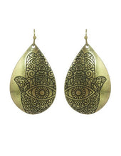 Load image into Gallery viewer, Hamsa Designed Engraved Teardrop Shape Drop Dangle Earrings