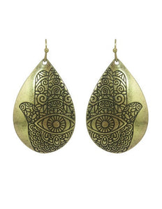 Hamsa Designed Engraved Teardrop Shape Drop Dangle Earrings