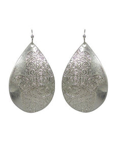 Hamsa Designed Engraved Teardrop Shape Drop Dangle Earrings