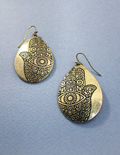 Load image into Gallery viewer, Hamsa Designed Engraved Teardrop Shape Drop Dangle Earrings