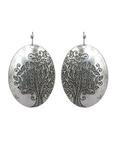 Tree of Life Design Engraved Oval Shape Drop Dangle Earrings
