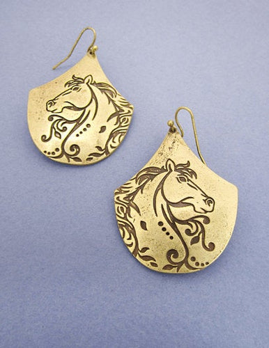 Horse Designed Engraved Teardrop Shape Drop Dangle Earrings