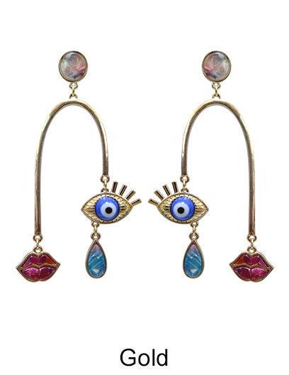 Evil Eye Multi Color Stone Picasso Face Design Drop Dangle Post Earrings