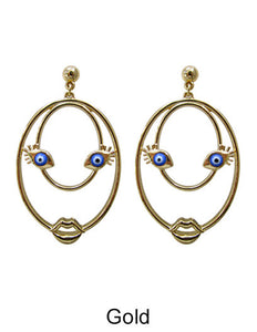 Picasso Face Design Color Stone Drop Dangle Post Earrings