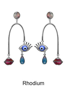 Evil Eye Multi Color Stone Picasso Face Design Drop Dangle Post Earrings