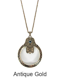 Hamsa  6 Times Magnifier Magnifying Glass Pendant Necklace, 30" plus 3"