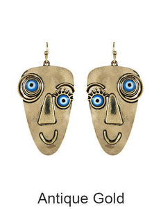 Picasso Face Evil Eye Color Stone Drop Dangle Hook Earrings