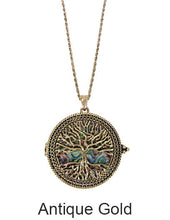 Load image into Gallery viewer, Tree of Life with Abalone  6 Times Magnifier Magnifying Glass Top Side Open Magnet Pendent Necklace, 30 inch plus 3 inch