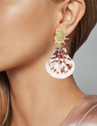 Hawaiian Sunrise shell and Metallic Conch shell Dangle Drop Post Earrings