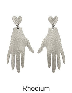 Abstract Metal Hammered Texture Hand and Heart Dangle Post Earring