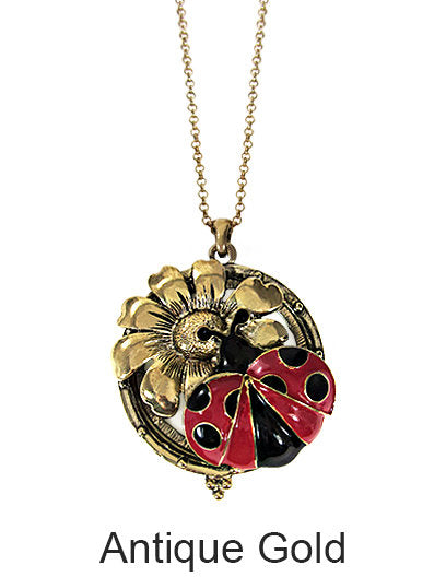 Ladybug with Flower  6 Times Magnifier Magnifying Glass Top Sliding Magnet Pendant Necklace, 30 inch plus 3 inch