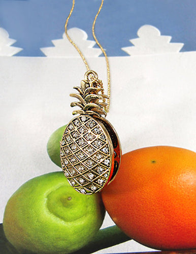 Pineapple with Cubic Zirconia Locket Pendant Necklace, 30 inch plus 3 inch