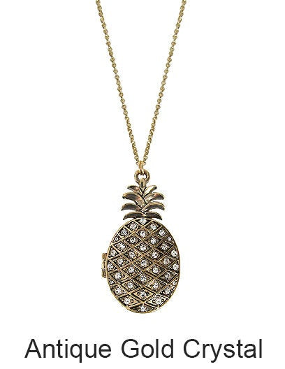 Pineapple with Cubic Zirconia Locket Pendant Necklace, 30 inch plus 3 inch